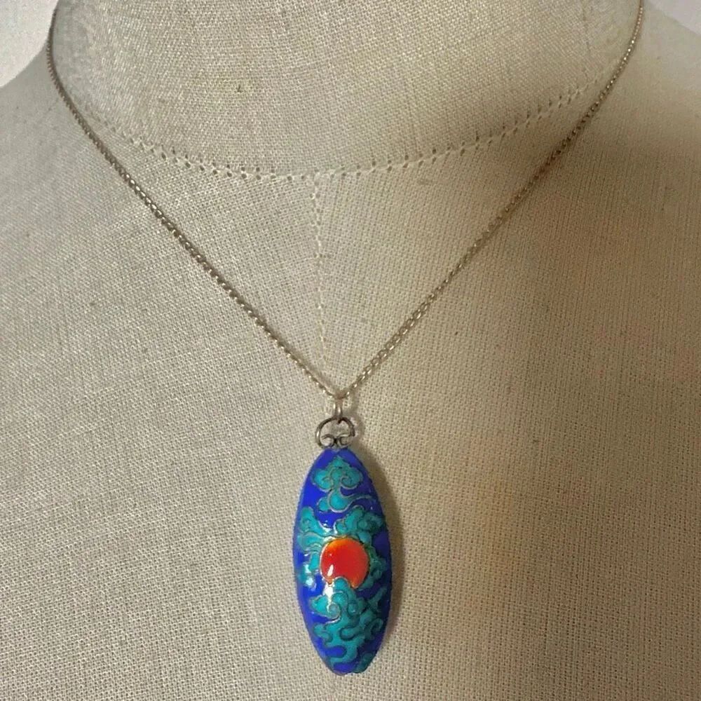 Vintage cloisonné enamel pendant on original 12K gold-filled chain